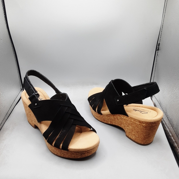 Clarks Black Wedge Sandals 6.5M - Picture 1 of 11